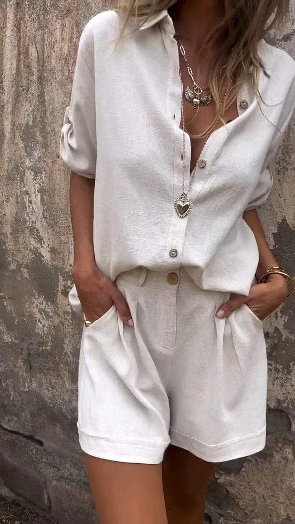 Women's relaxed fit two-piece set, perfect for stylish summer comfort in white.