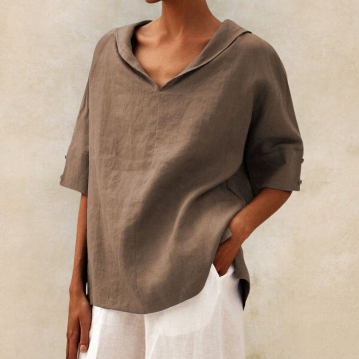 Women's casual spring V-neck top with a relaxed fit, made from breathable, lightweight material.