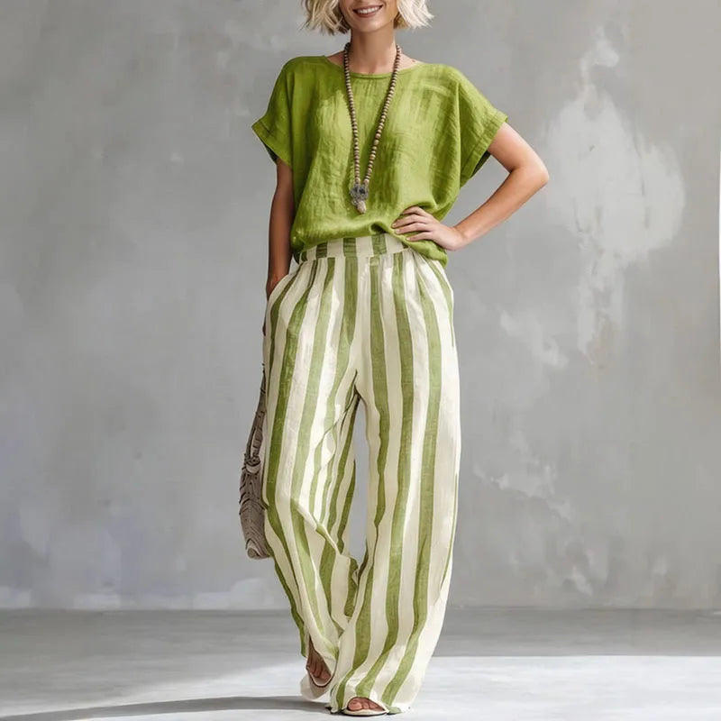 Complete women's summer outfit: relaxed linen blend set with stylish wide-leg pants & a comfortable short-sleeve top.