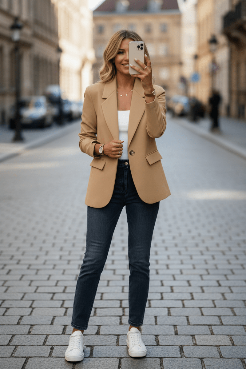 Elegant women's relaxed tailored blazer jacket, a chic choice for versatile office & everyday fashion.