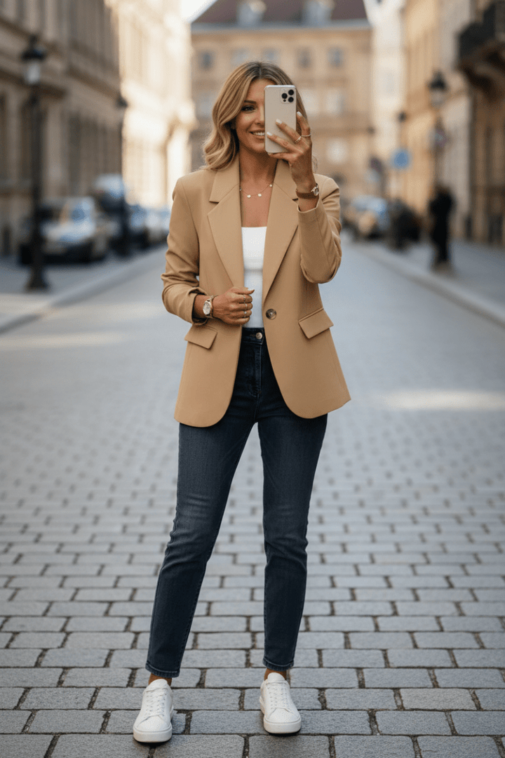 Elegant women's relaxed tailored blazer jacket, a chic choice for versatile office & everyday fashion.