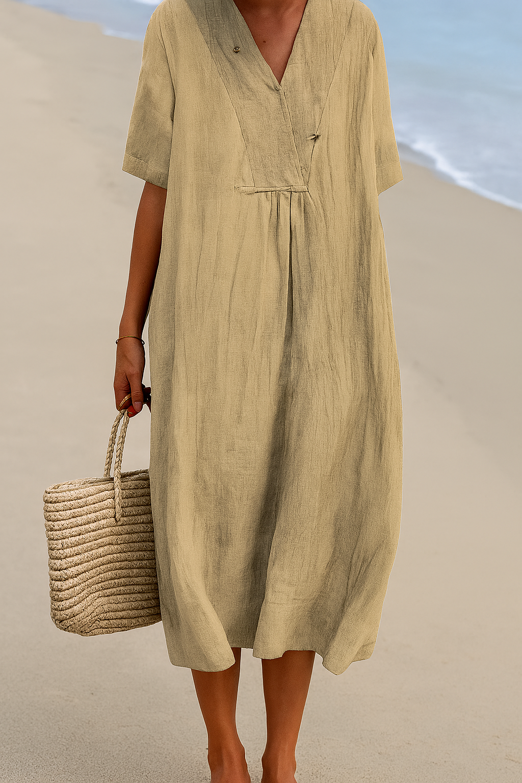 Casual women's short sleeve V-neck beach dress. Relaxed fit summer vacation wear.