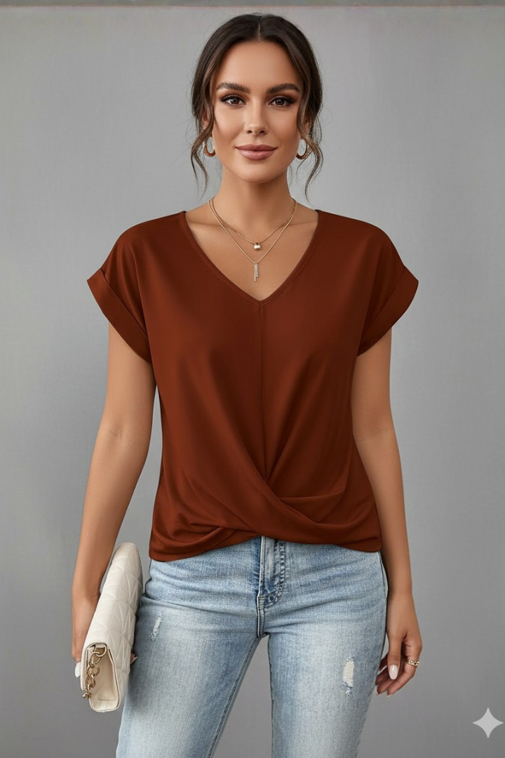 Comfortable women's V-neck top, short sleeves & loose fit, perfect for summer wear.