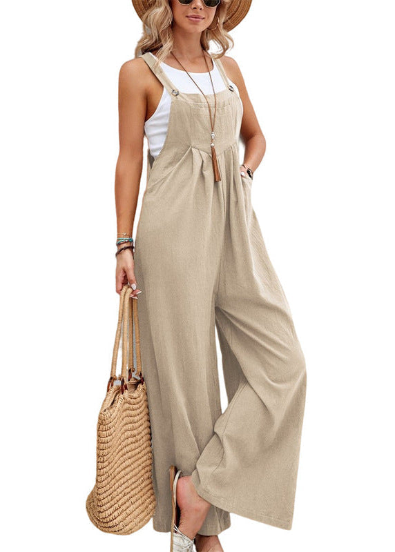 Summer women's wide leg jumpsuit, ideal for casual outings. Relaxed fit, adjustable straps & functional pockets.