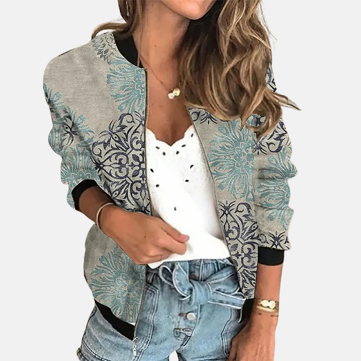 Vintage style women's bomber jacket, retro print, perfect casual outerwear for spring days.