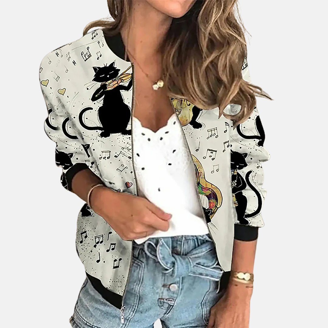 Lightweight women's bomber jacket with retro print, vintage fashion, ideal spring outerwear.