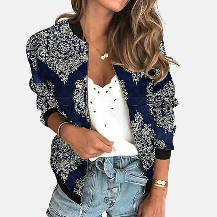 Retro fashion women's printed bomber jacket, vintage style, versatile casual outerwear.