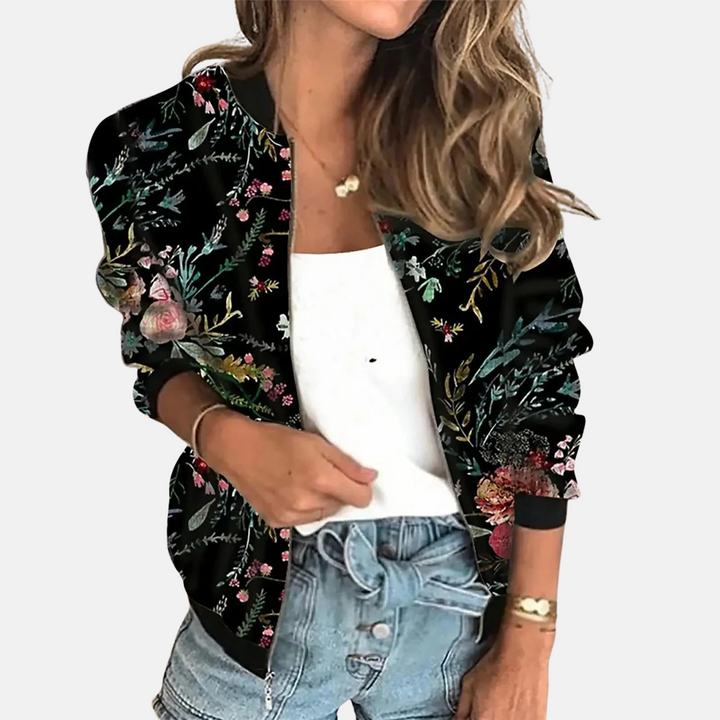 Stylish women's retro bomber jacket, vibrant print, classic vintage design, perfect casual outerwear.