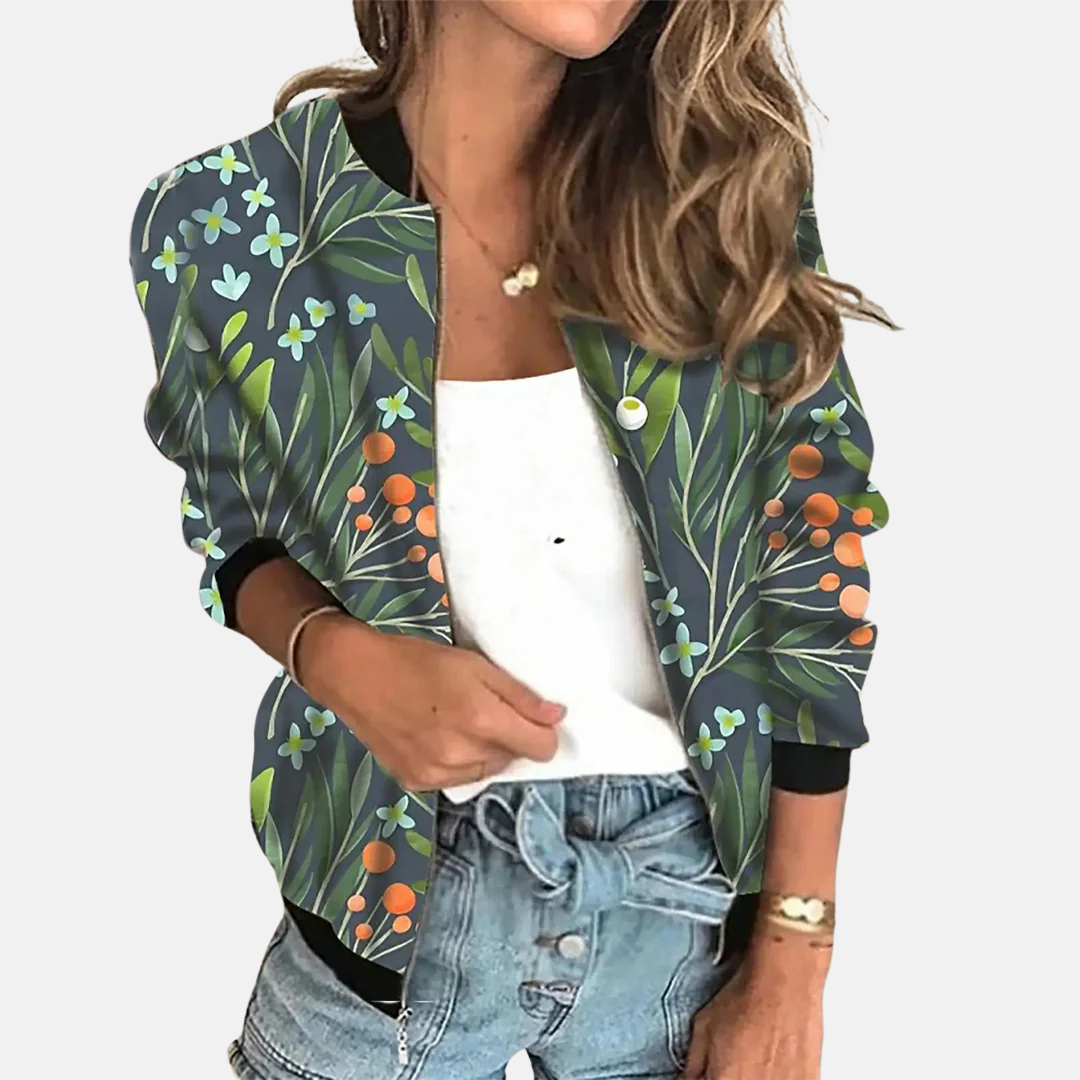 Comfortable women's retro print bomber jacket, vintage style outerwear, great for casual spring fashion.