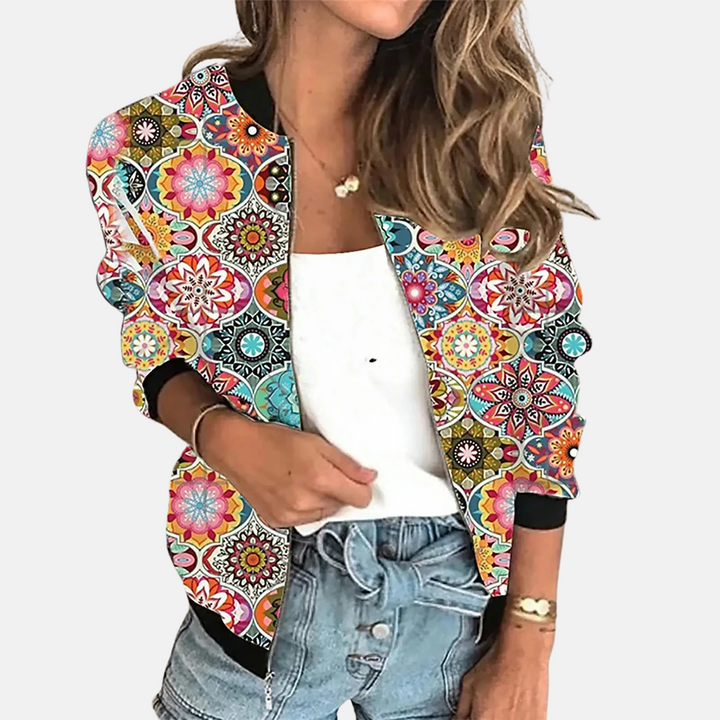 Women's retro printed bomber jacket, vintage fashion outerwear, lightweight & casual for spring.