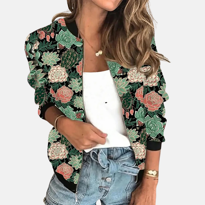 Zoë women's retro printed bomber jacket, vintage style, lightweight outerwear, ideal for spring fashion.
