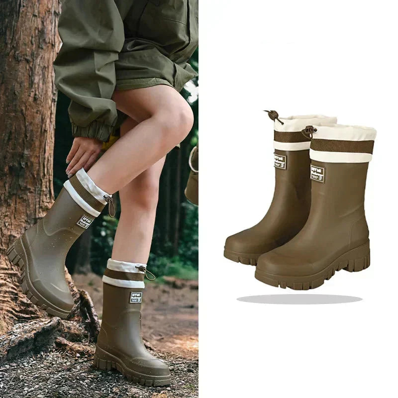 Side view: Women's retro waterproof rain boots featuring an anti-slip sole for secure autumn outdoor steps.