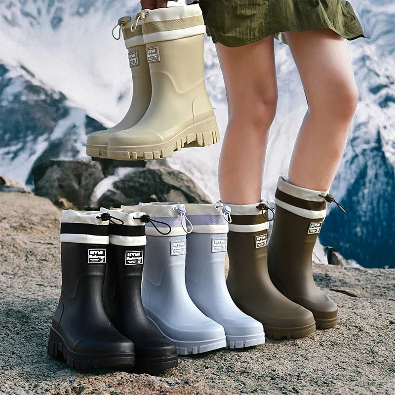 Stylish women's retro rain boots, waterproof & anti-slip sole. Perfect fashion footwear for wet weather.