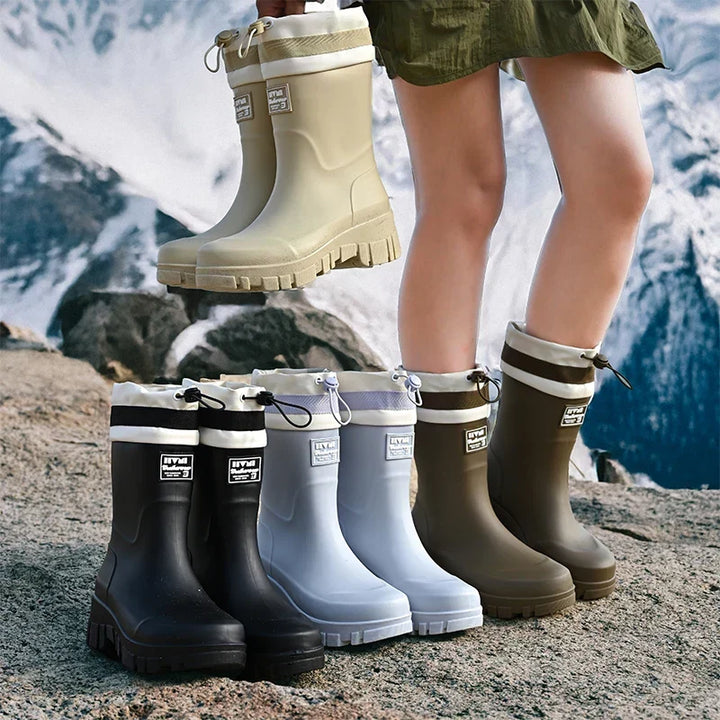 Stylish women's retro rain boots, waterproof & anti-slip sole. Perfect fashion footwear for wet weather.