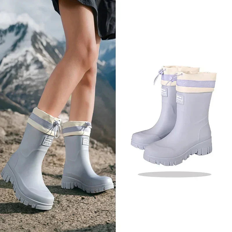 Secure women's retro rain boots with waterproof protection & anti-slip sole. Ideal for wet autumn outdoor adventures.