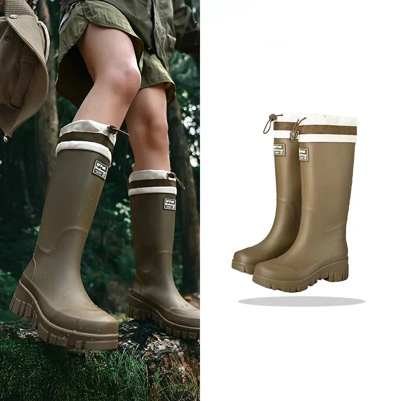Full view: Women's retro waterproof rain boots with anti-slip sole. Perfect ladies footwear for autumn outdoor style.