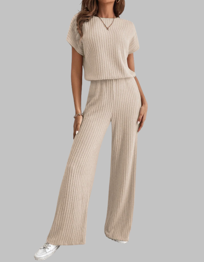 Women's ribbed two-piece set: short sleeve top & wide leg pants. Comfortable, casual chic spring/summer loungewear.