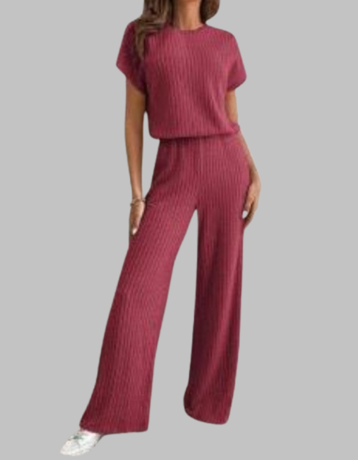 Elegant women's ribbed two-piece ensemble: short sleeve top & wide leg pants, ideal for comfortable fashion.