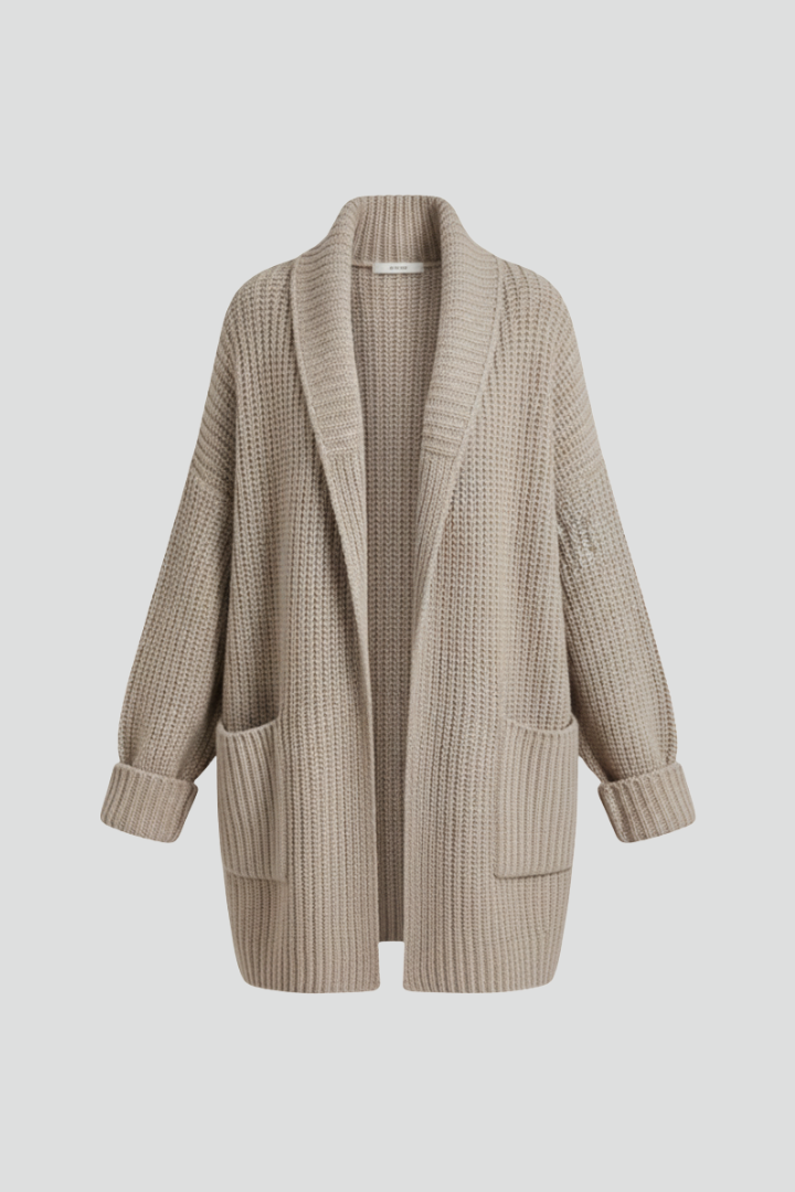 Women's ribbed V-neck open front cardigan with patch pockets, perfect for fall layering & casual wear.