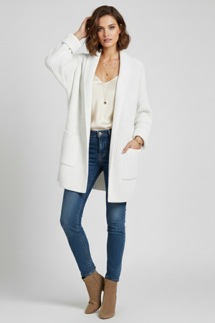 Cozy women's ribbed V-neck cardigan, an open front knit sweater with patch pockets, ideal for relaxed winter days.