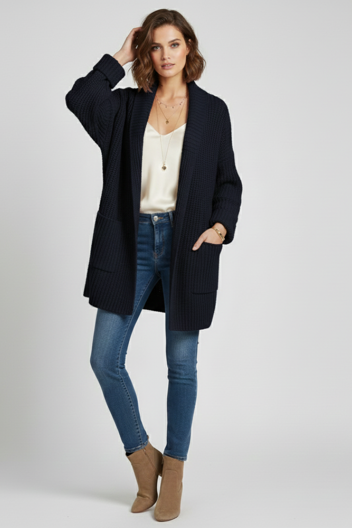 Women's casual ribbed V-neck open front cardigan, featuring long sleeves & patch pockets for versatile styling.