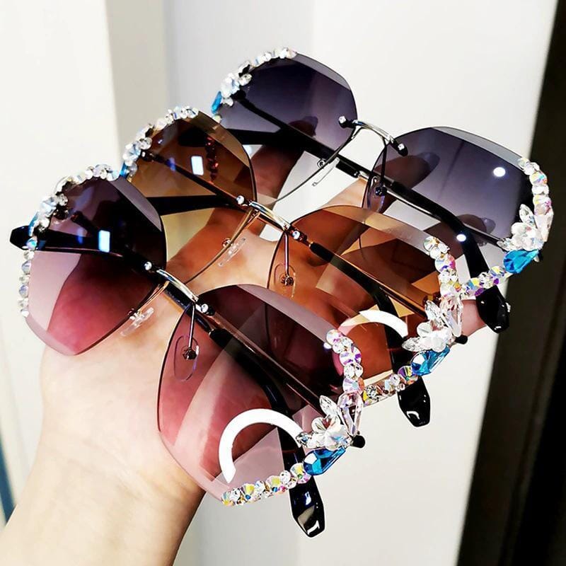 Women's rimless crystal vintage sunglasses, stylish UV400 protection eyewear