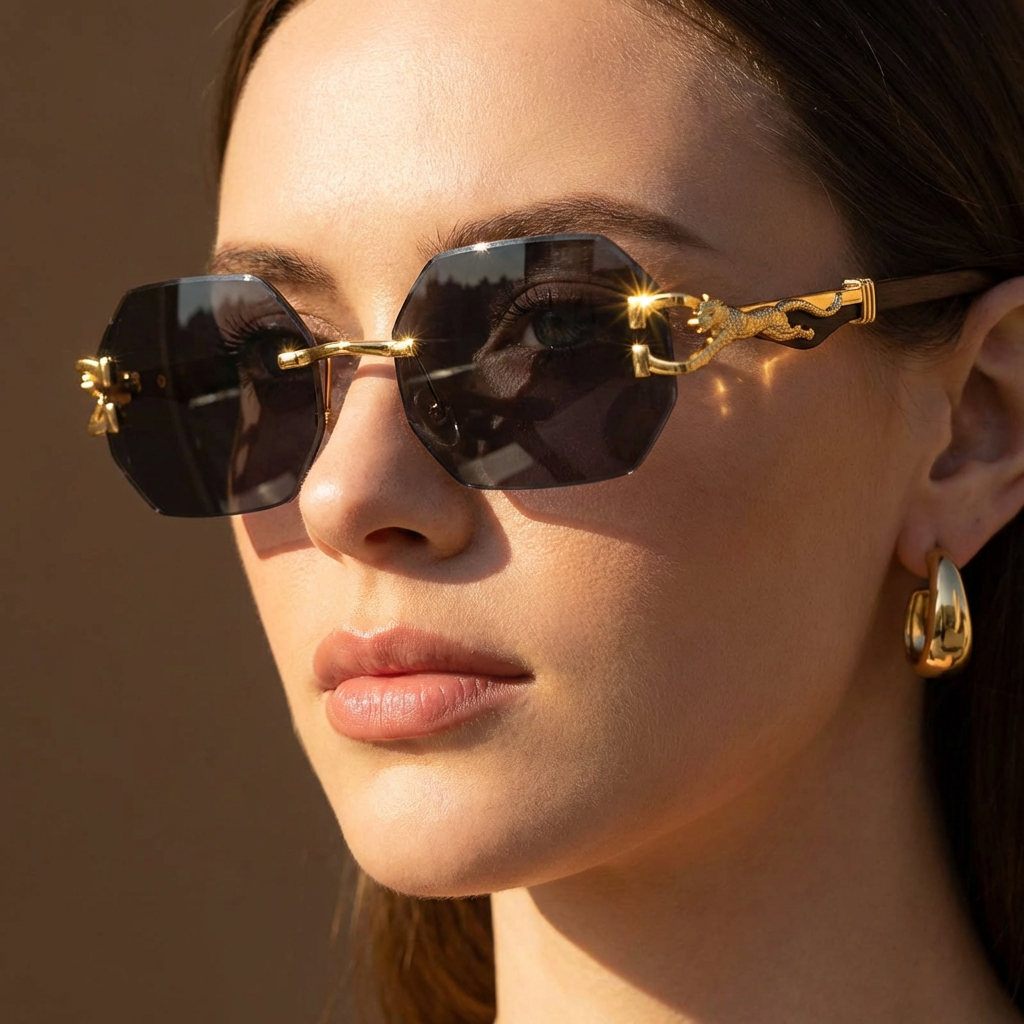 Elegant rimless geometric sunglasses for women, with intricate gold panther detail. Offers excellent UV protection.