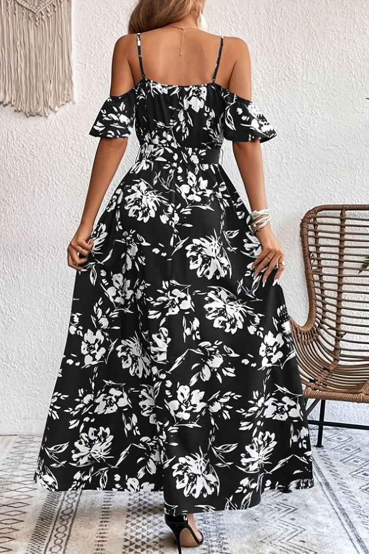 Chic women's cold shoulder long dress for parties, dinner dates, or elegant evening events. Flowy fabric.