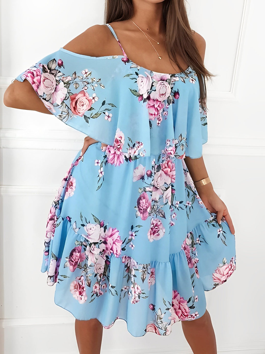 Stunning women's floral cold shoulder mini dress with ruffles, an elegant choice for parties & events.