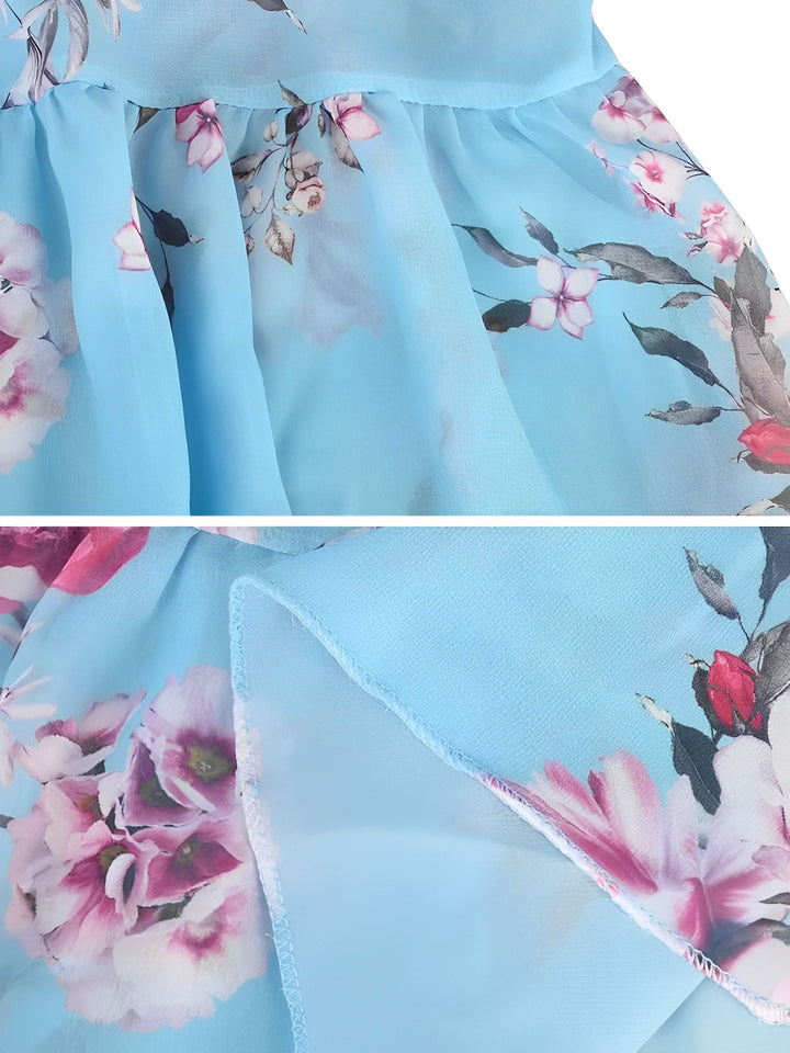 Trendy women's cold shoulder mini dress, vibrant floral pattern & tiered ruffles for a chic summer look.