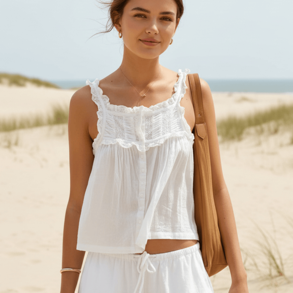 Women's romantic lace trim ruffle crop top, perfect for boho festivals, summer, or beachwear.