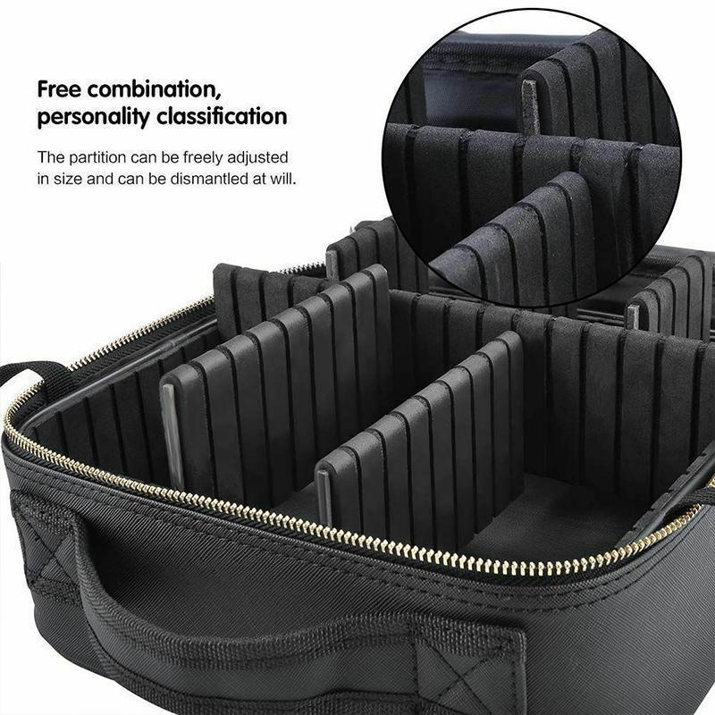 Portable black makeup storage bag, durable and waterproof for travel, with secure zipper closure.