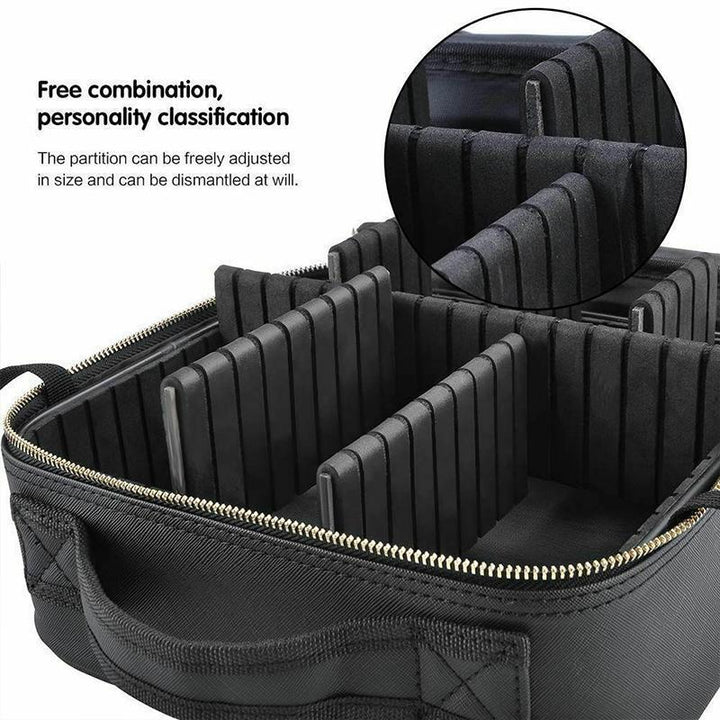 Portable black makeup storage bag, durable and waterproof for travel, with secure zipper closure.