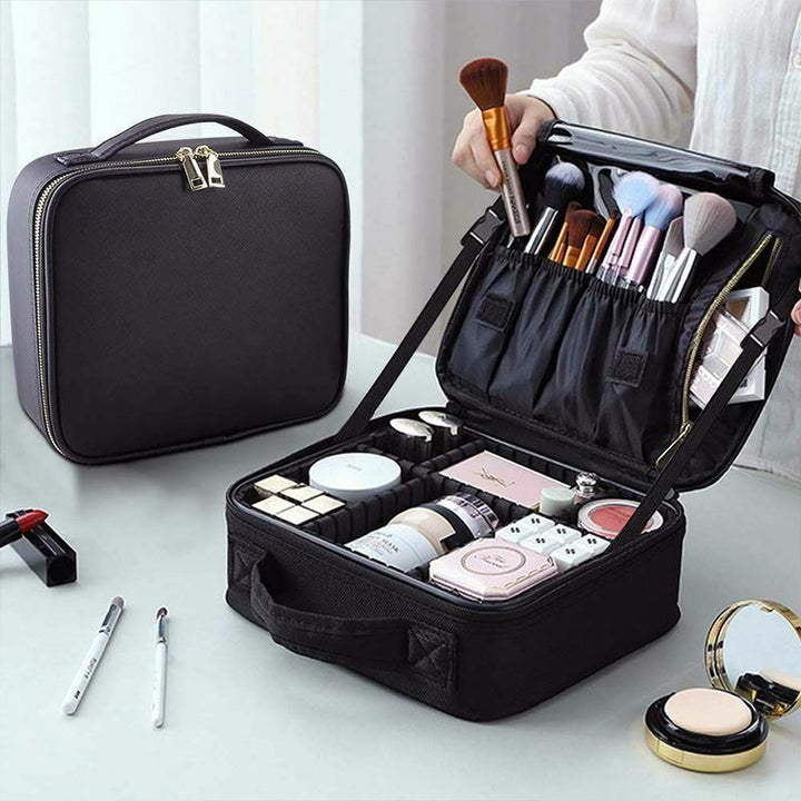 Rose red travel organizer for cosmetics, featuring adjustable dividers for customized storage.