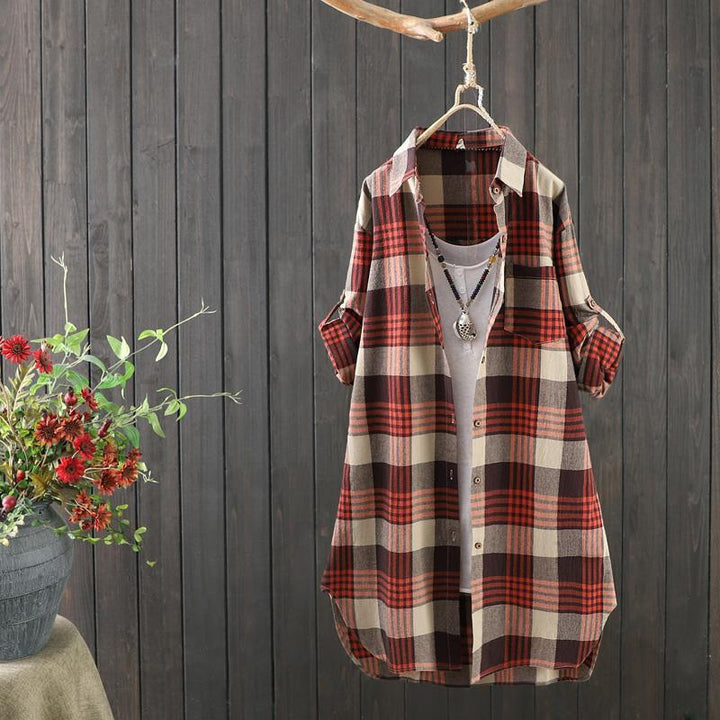 Stylish women's plaid long blouse, Rowen loose-fit design. Great for fall fashion & everyday style.