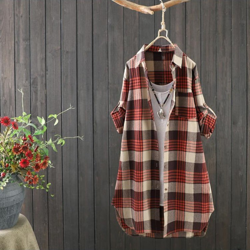 Oversized Rowen women's checked long shirt, loose fit for ultimate comfort and casual autumn style.