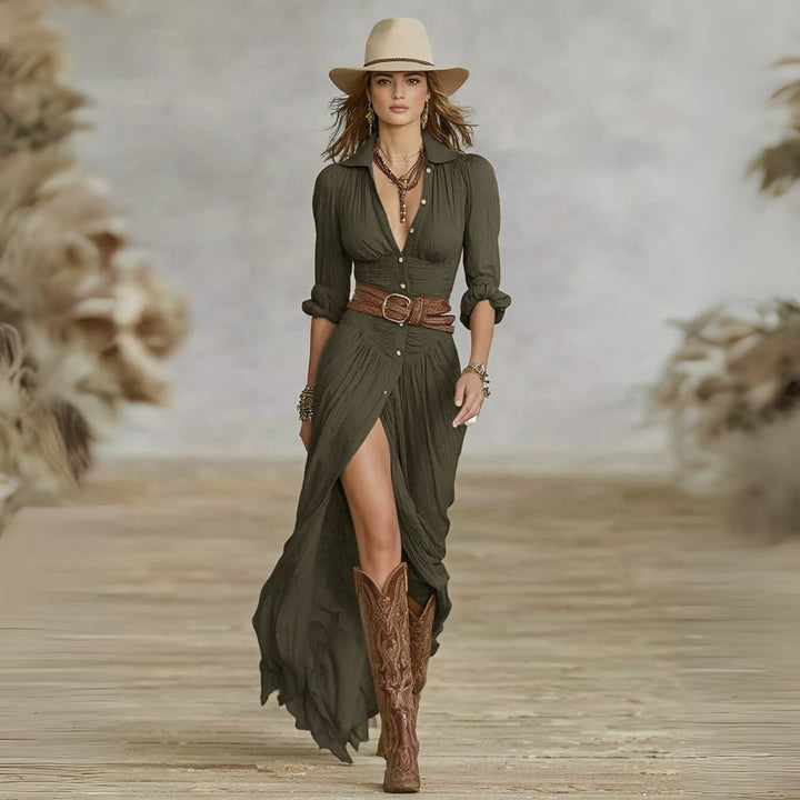 Comfortable long sleeve boho maxi dress for women, with ruched detailing & button-down front, ideal for fall fashion.