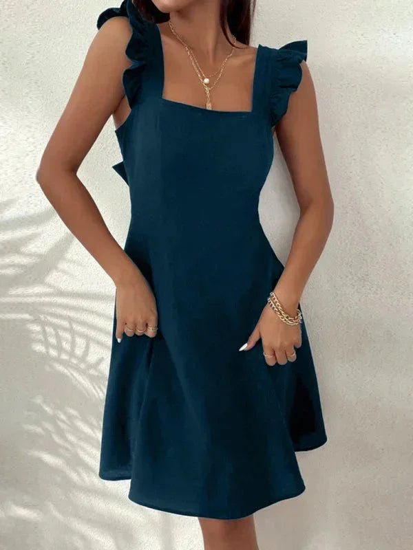 Chic Women's A-line mini dress with ruffle straps, square neck, and a cute bow back.