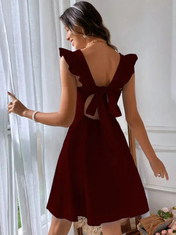 Party-ready Women's Ruffle Strap A-Line Mini Dress, an elegant summer fashion choice for women.