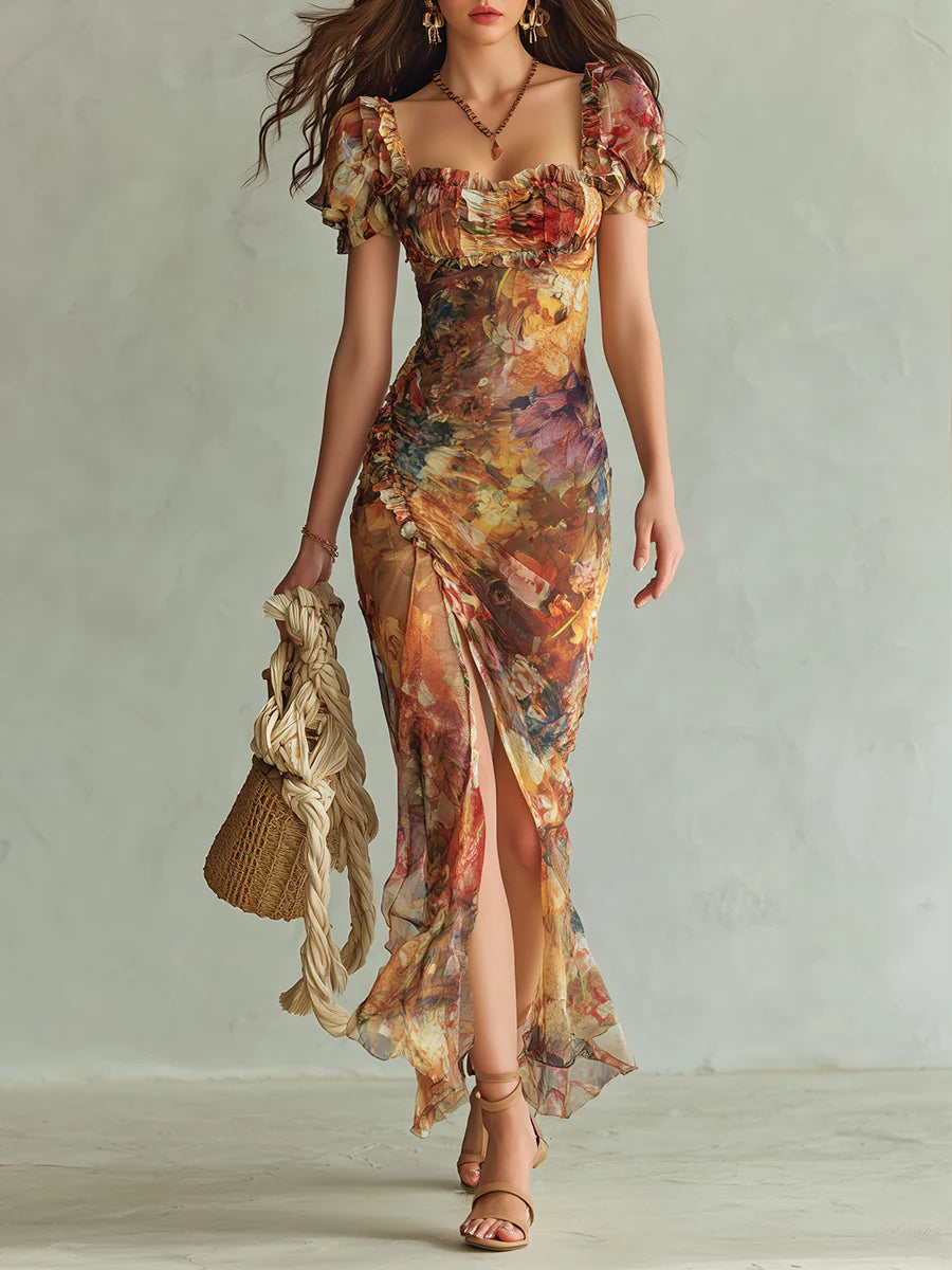 Women's ruffle sweetheart floral print maxi dress, ideal for summer vacations and boho style.