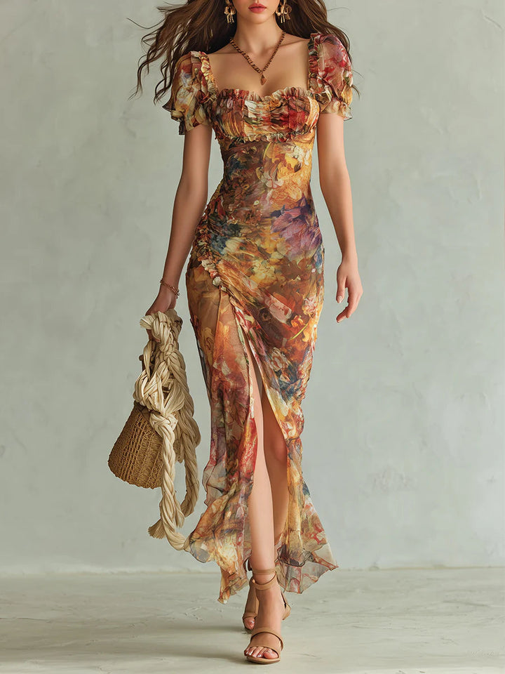 Women's ruffle sweetheart floral print maxi dress, ideal for summer vacations and boho style.