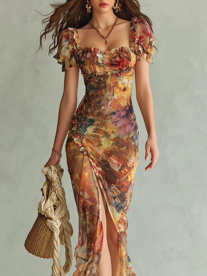 Casual women's floral print ruffle maxi dress with sweetheart neckline, a comfortable & stylish summer vacation choice.