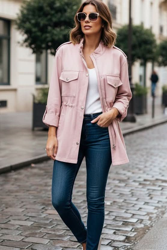 Women's rugged utility jacket with chic open back detail, ideal for versatile layering.