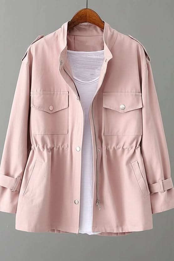 Stylish women's utility jacket, rugged design with a chic open back, perfect for modern street style.
