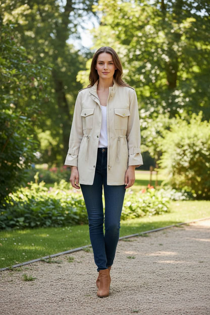 Fashionable women's rugged utility jacket with an elegant open back, a chic statement piece for outerwear.