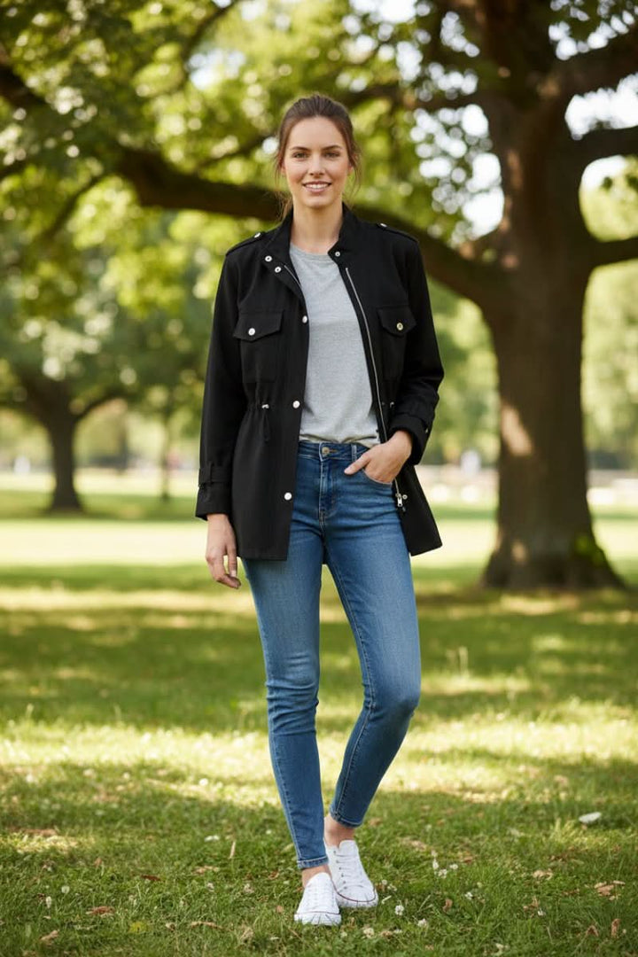 Versatile women's modern utility jacket, rugged yet chic, featuring a unique open back for casual wear.