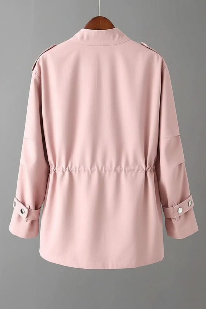 Front image of a women's rugged utility jacket with a distinctive chic open back, great for casual elegance.