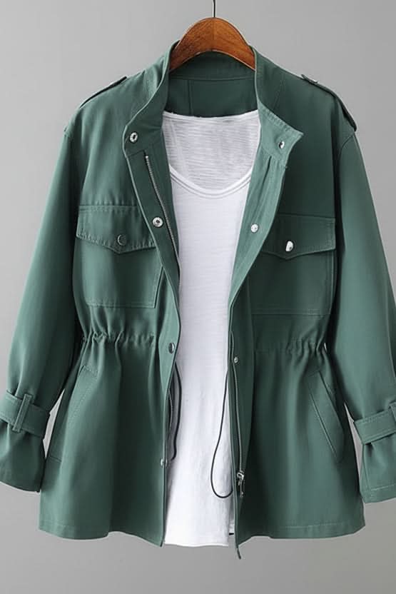 Chic women's rugged utility jacket, a versatile fashion outerwear piece with a striking open back design.