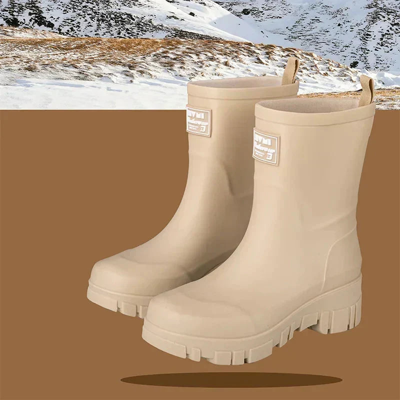 Comfortable women's black Chelsea rain boots with robust block heel & grip tread.