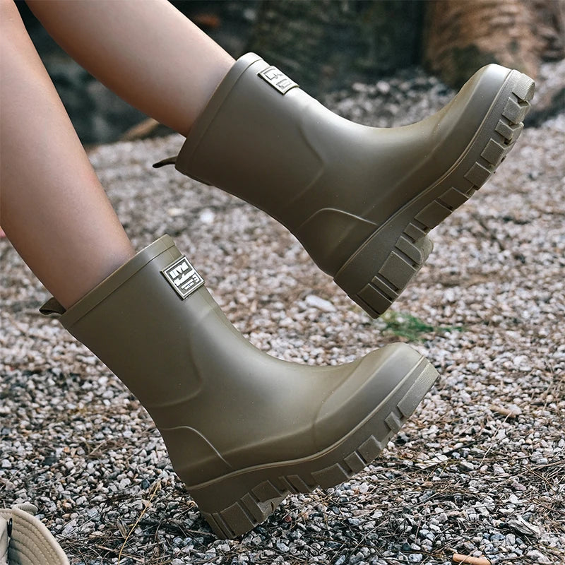 Women's waterproof Chelsea boots featuring a robust block heel and anti-slip tread sole.